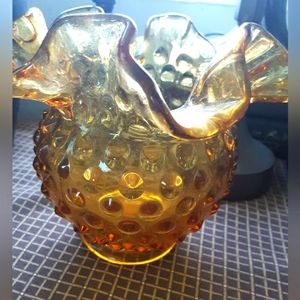 Fenton glass, vintage hobnail, amber vase W/ Tag, 1970-1985 era.